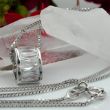 Rhodium-Plated Sterling Silver Box Chain Necklace with Oval Zirconia Pendant