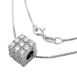 Rhodium-Plated Sterling Silver Cube Pendant Necklace with Zirconia Accents