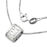 Rhodium-Plated Sterling Silver Box Chain Necklace with Oval Zirconia Pendant